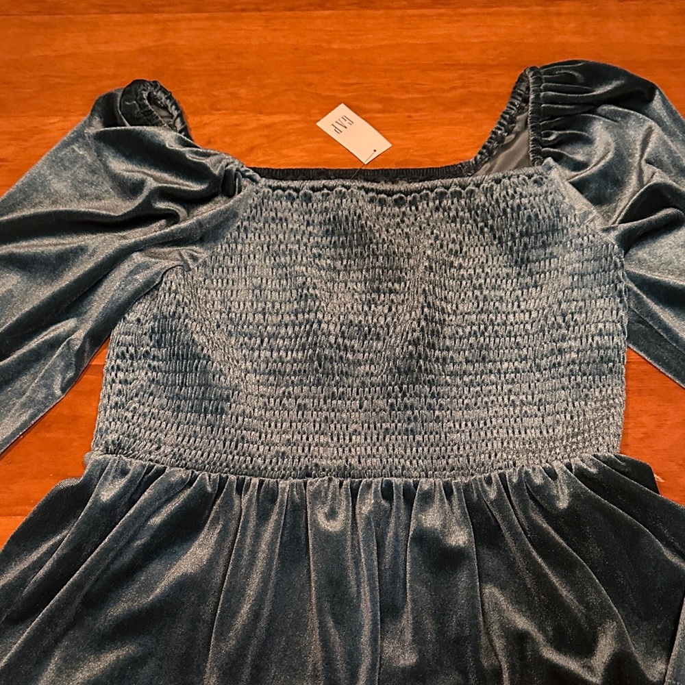 GAP Velvet Smocked Dress in dark green